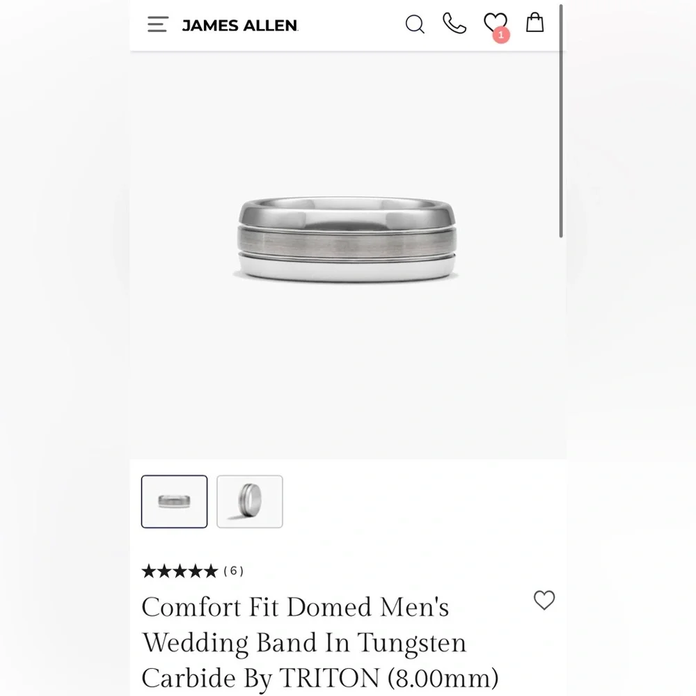 NWOT James Allen Triton tungsten carbide 8mm men’s wedding ring band size 7.5